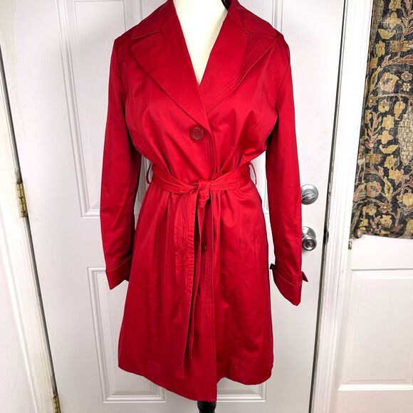 Talbots M Solid Red Belted Button Up Classic Mid Length Trench Coat Jacket - Picture 1 of 11